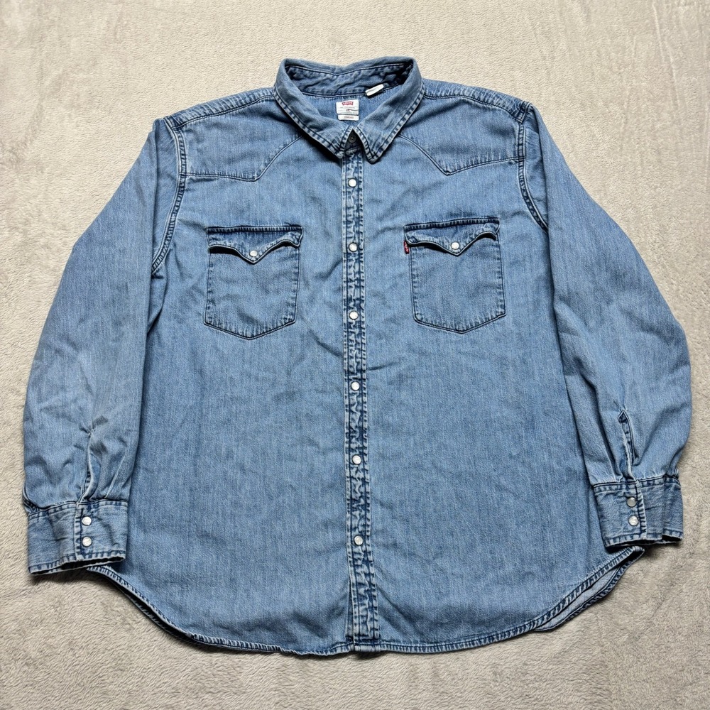 Levis Shirt Mens 2XL Standard Fit Western Blue Pearl Snap Denim Cowboy Cotton